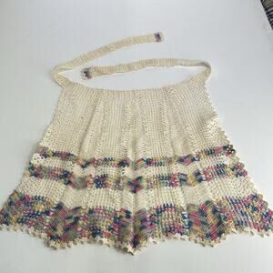Vintage Hand Crochet Apron Colorful Border Cottagecore Kitchen Decor